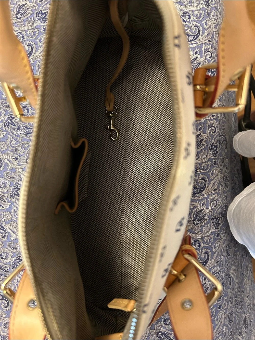 Dooney & Bourke Cream Satchel with blue logo with Tan Leather Handles 14x7